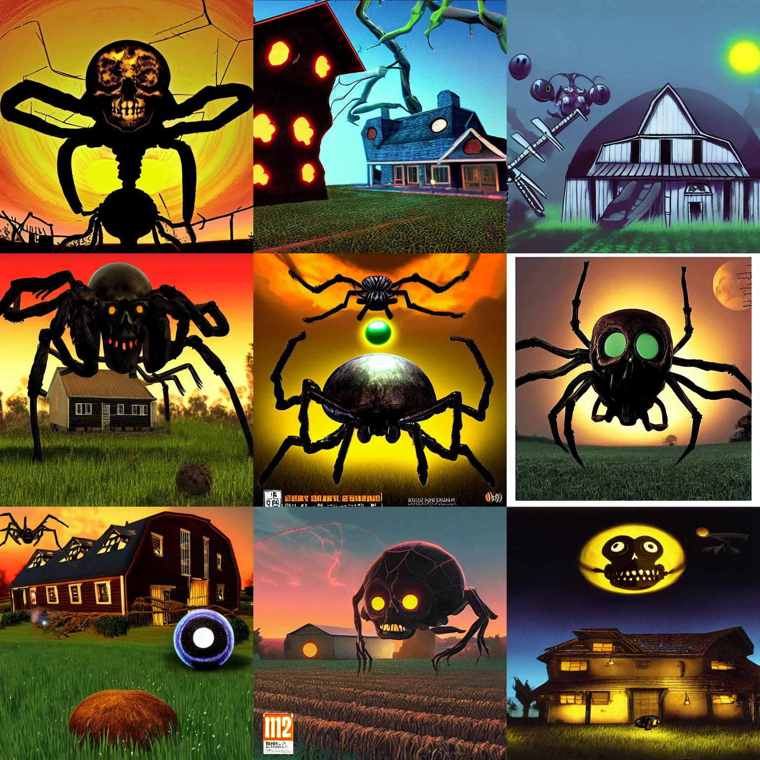 Prompt: giant skull spider with bright glowing eyes hovering over a farm house at dusk, ps2 boxart