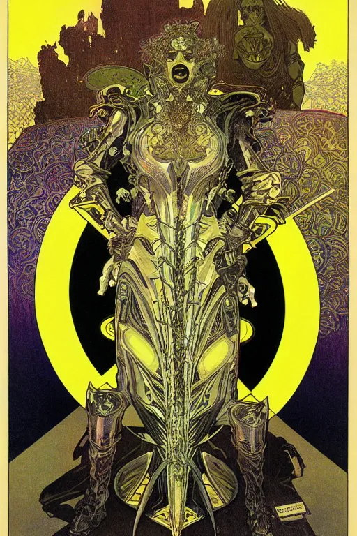 Prompt: black and yellow technicolor color risoprint, alphonse mucha, richard corben, wayne barlowe, moebius, heavy metal comic cover art, psychedelic triangular lich in heavy shoulders armor, very intricate, thick outline, full body, symmetrical face, long black crown, in a shapes background, galactic dark colors