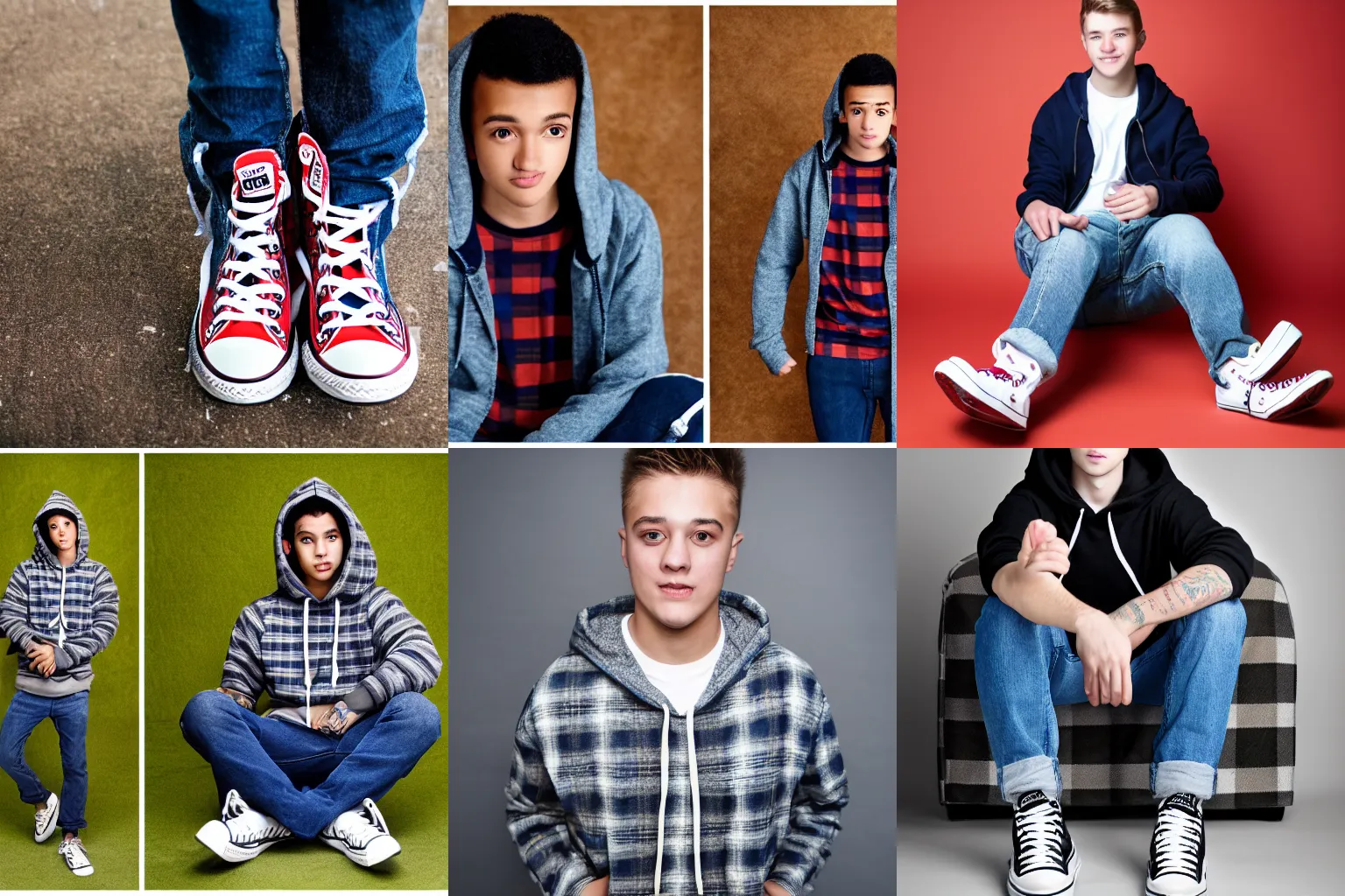Prompt: an 18 year old wearing plaid hoodie, jeans and high top converse sneakers, studio photography