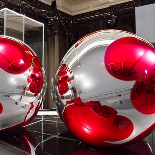 Prompt: chrome spheres on a red cube by jeff koons