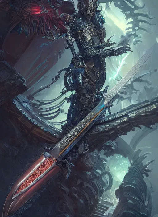 Image similar to legendary sword of technology, intricate black and iridescent blade, ornate gothic baroque spikes, glowing handle, detailed realistic, ray tracing, colored gems, art by greg rutkowski