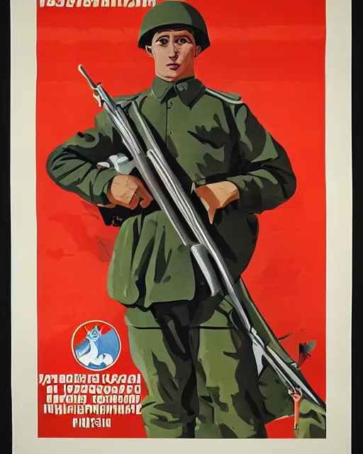 Image similar to soviet propaganda poster of an australian shepherd soldier, soviet art