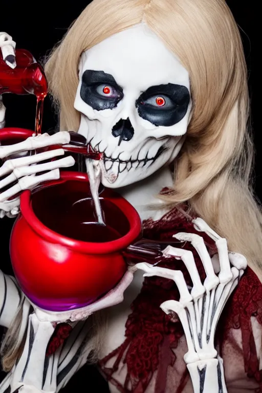 Prompt: beautiful lady skeleton drinking from a blood filled goblet, cosplay, studio lighting