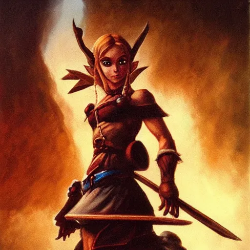 Image similar to an ultra - realistic portrait painting of zelda from the legend of zelda in the style of frank frazetta. 4 k. ultra - realistic. highly detailed. dark fantasy. epic lighting.