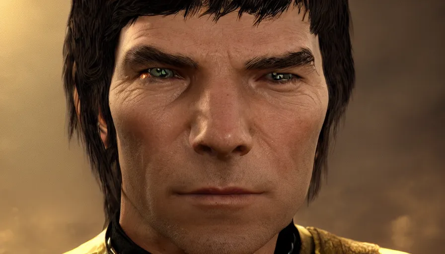 Image similar to close - up skyrim character screenshot of spock, star trek, solo portrait, enb, 4 k, bokeh, beautiful, detailed