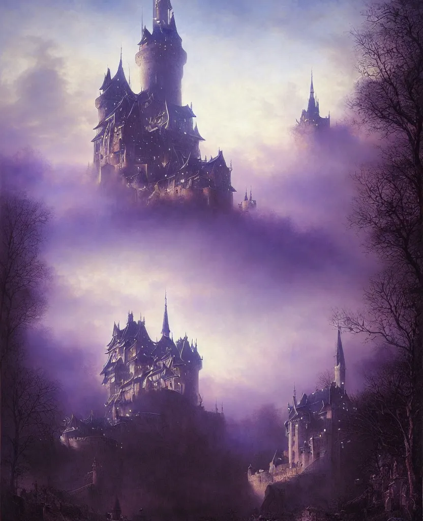 Image similar to beautiful matte airbrush painting of a european medieval castle made of light, ispired b yoshitaka amano and gilbert williams, clear painting and good lighting, dark blue and intense purple color palette, mystical fog, art by gilbert williams, andreas achenbach, clement ascher, tom bagshaw and sabbas apterus, high quality