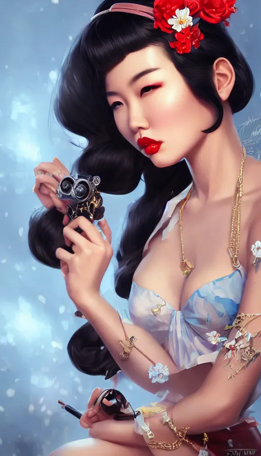 Image similar to a pin up and beautiful fashion and charming and dreamlke asian girl with lv jewelry, medium shot, art by artgerm & ross tran & wlop, hyperdetailed, 8 k realistic, symmetrical, frostbite 3 engine, cryengine, dof, trending on artstation, digital art