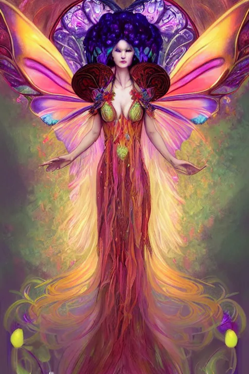 Prompt: a colorful and stunningly beautiful female faerie priestess in amanita muscaria forest landscape, symmetrical wings on back, neon hair, fantasy art, wearing a dress of gossamer gold, dark light night, sharp focus, digital painting, 4 k, concept art, art by charlie bowater and alphonse mucha, brom, face by otto schmidt