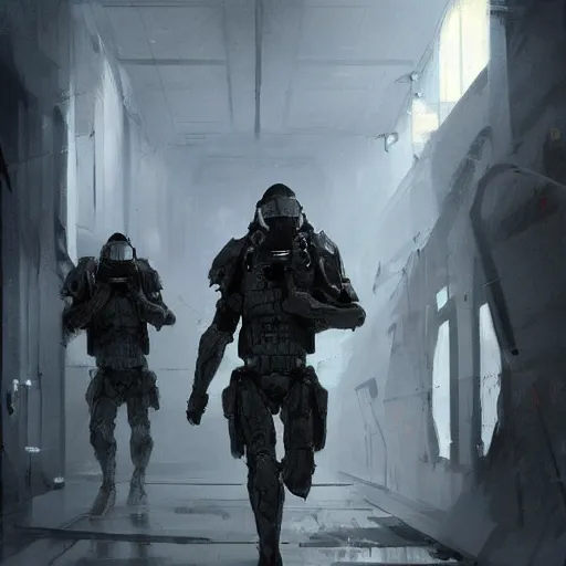 Image similar to concept art by greg rutkowski, soldiers wearing futuristic white and black tactical gear, running through a brutalist futuristic interior, dim lighting, detailed portraits, stressfull atmosphere, scifi, digital painting, artstation, concept art, smooth, sharp foccus ilustration, artstation hq