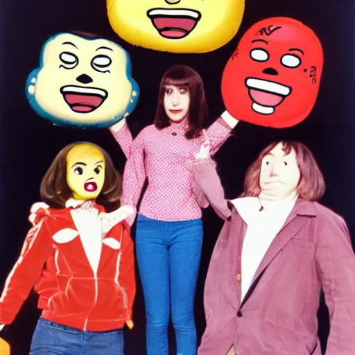 Image similar to a teenage girl with an inflatable cartoon head goes to high school live-action john waters film 1974 technicolor