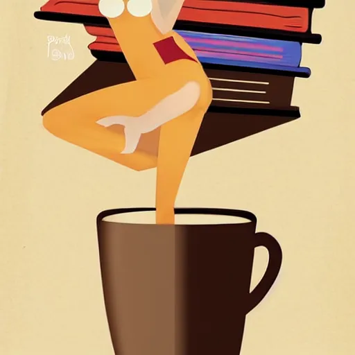 Prompt: Poster illustration of a Cup of coffe on a stack of books, digital art, award winning, trending on artstation, art by artgerm and patrick nagel