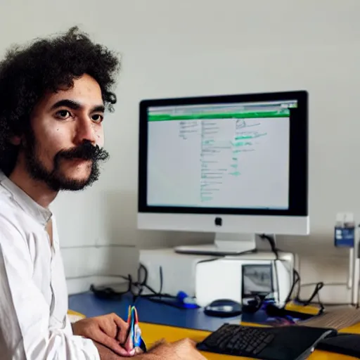 Image similar to a software developer sitting in front of a computer, dressed as a clown