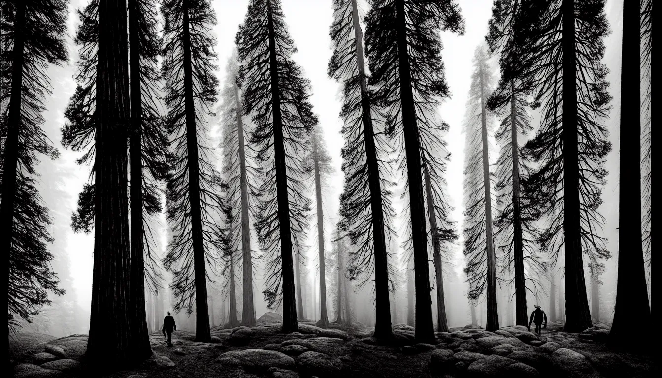 Image similar to hiking past giant sequoias by mads berg, karolis strautniekas, film noir, stippled light, dramatic lighting, editorial illustration, detailed, fine texture, matte print,