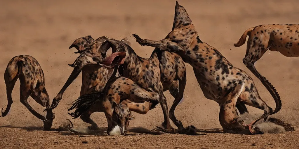 Image similar to national geographic photo of horse full of octopus being eaten by african hunting dogs