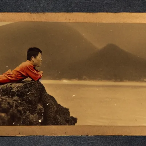 Image similar to historical picture of japanese soldier swimming on indonesian lava mountain, in hd picture, and photorealism, with detail image and description