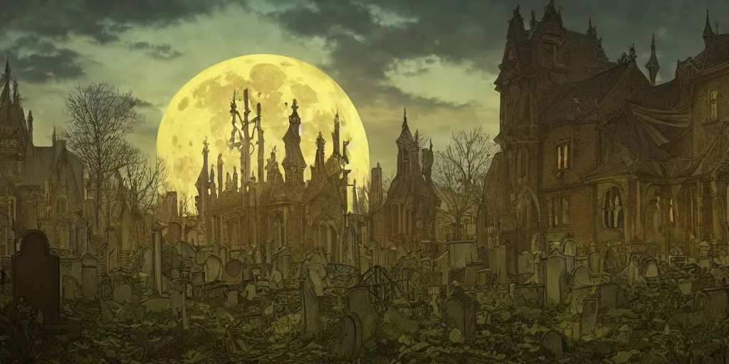 Prompt: an ultra detailed animation of a graveyard at midnight on halloween, digital art, dark fantasy, concept art, soulslike, by alphonse mucha, blood moon eclipse, ruined building in the background, artstation, 8 k, unreal engine render