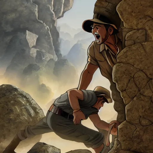 Image similar to Indiana Jones being chased by a boulder trap underground, boulder chase, inside ancient stone temple background, Indiana Jones running away from big round stone, raiders of the lost ark, detailed background, anime key visual