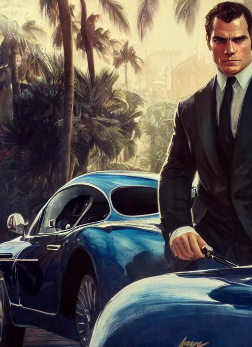 Image similar to portrait of henry cavill as james bond, key art, palm trees, vintage aston martin, highly detailed, digital painting, artstation, concept art, cinematic lighting, sharp focus, illustration, by gaston bussiere alphonse mucha