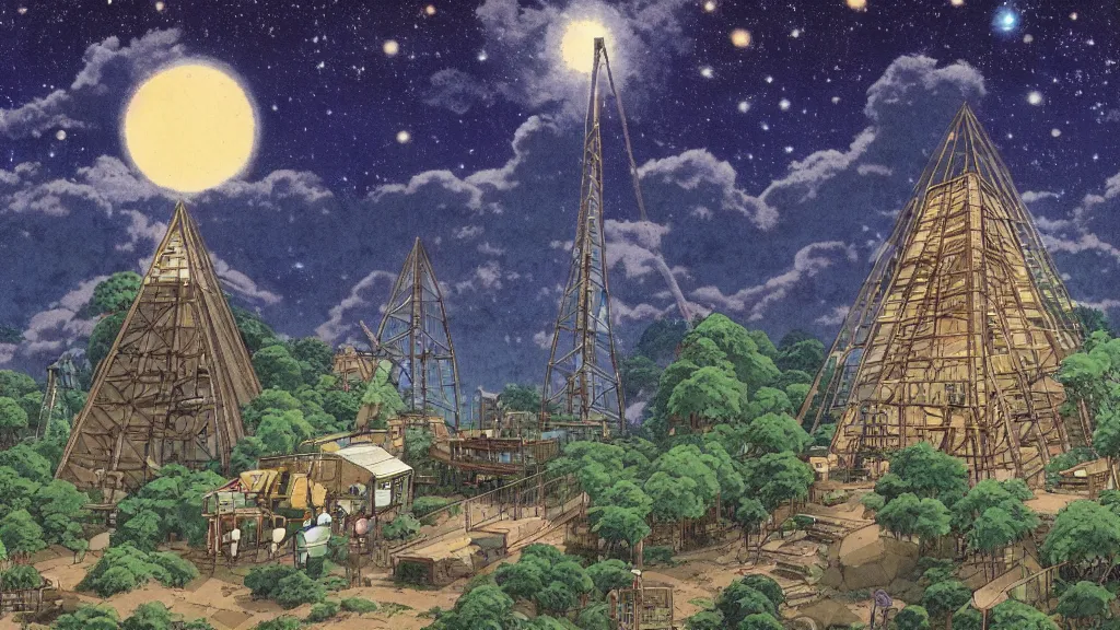 Image similar to a movie still from a studio ghibli film showing an industrial mining runoff storage facility, and a pyramid under construction, in the rainforest on a misty and starry night. by studio ghibli