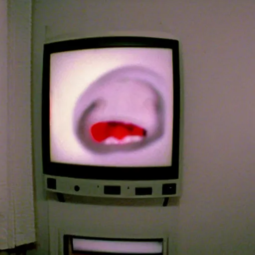 Prompt: a high flash photo of a television with a screaming face on it in an empty house, 2 0 0 6, taken with a disposable camera