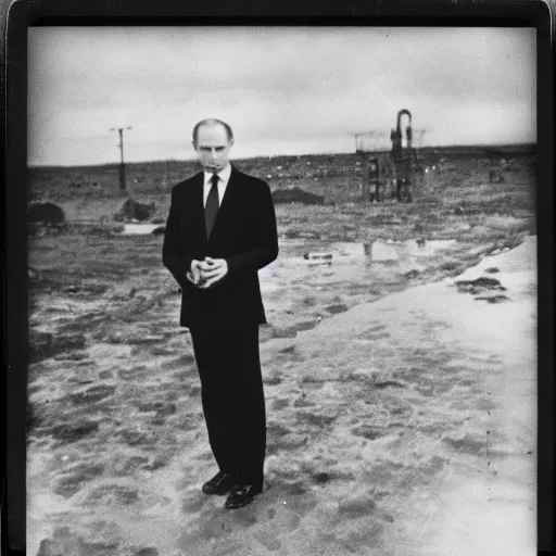 Image similar to Vladimir putin looking at an atomic bomb. polaroid. bleak.