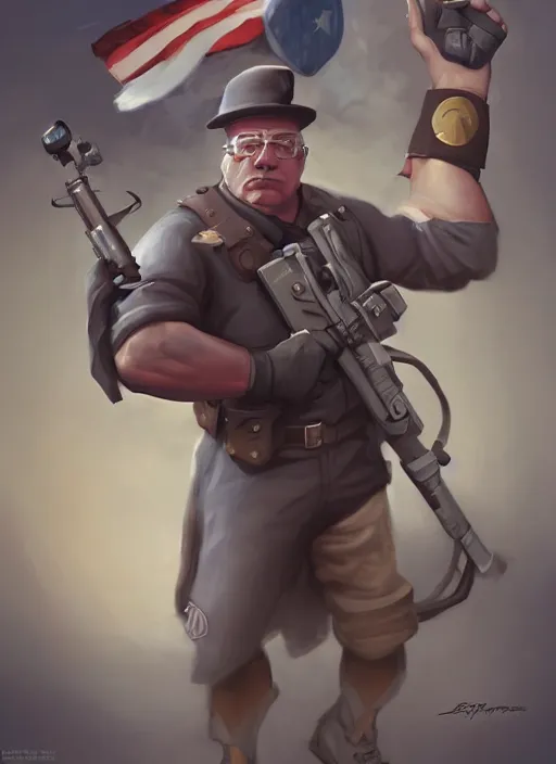 Image similar to a fusion of the heavy from team fortress 2 and bernie sanders, character portrait, cinematic lighting, art by artgerm and tom bagshaw, team fortress character art, socialist mercenary