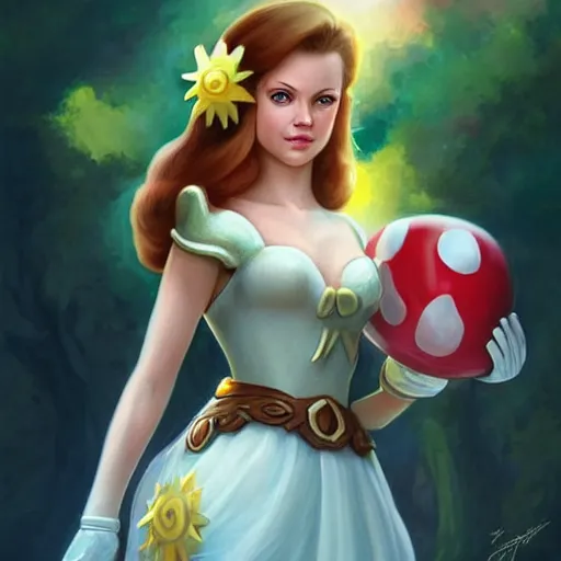 Image similar to beautiful close up, princess daisy from super mario as realistic brunette human character art portrait, matte fantasy painting, deviantart artstation, by jason felix by steve argyle by tyler jacobson by peter mohrbacher, cinema c 9. 0