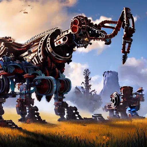 Image similar to artwork by horizon zero dawn of many machine creatures