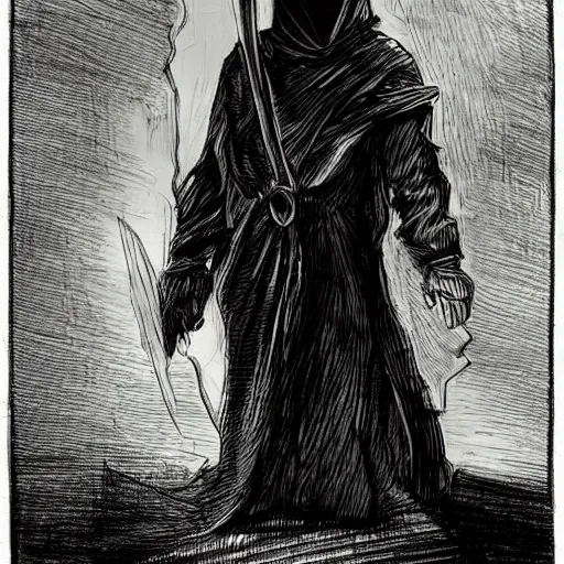 Image similar to a mysterious hooded man with face shrouded in darkness standing before the ruin of an enormous armillary sphere, dark and forboding, concept art