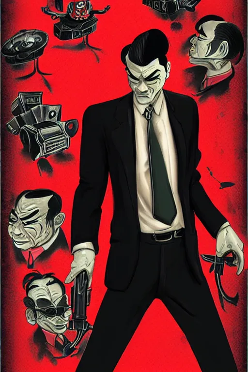 Image similar to chinnese mafia, with black suit and red tissue, some of leader have dragon tatto. digital art, concept art, pop art, bioshock art style, accurate, detailed, gta chinatown art style, cuphead art style, dynamic, face features, body features, ultra realistic, smooth, sharp focus, art by richard hamilton and mimmo rottela