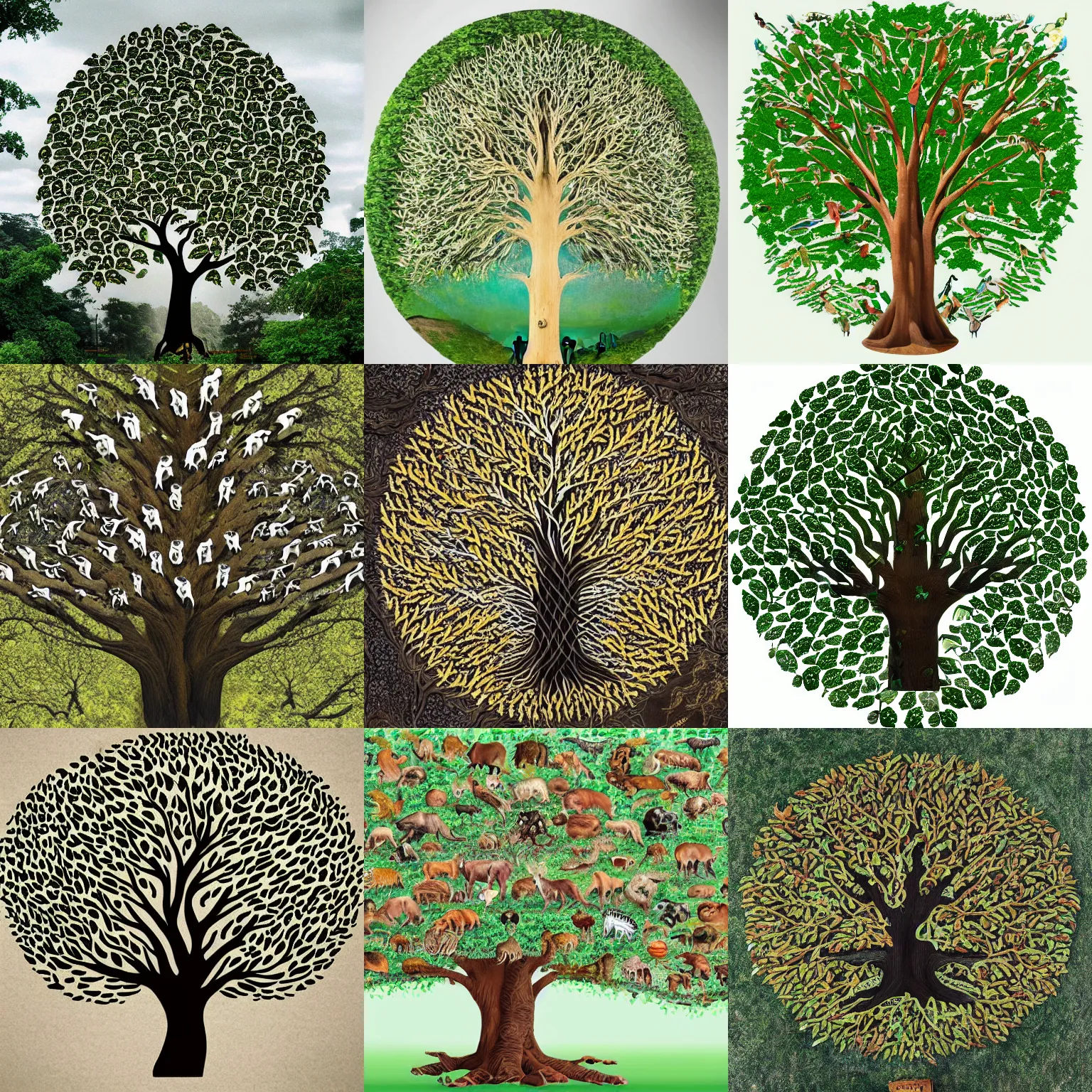 Prompt: A huge tree of life made up of individual animals as its leaves