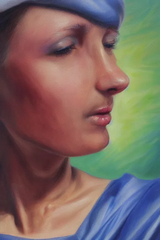 Image similar to hyperrealism oil painting, close - up portrait of fabric worker woman model, gradient mixed with nebula sky, in style of baroque