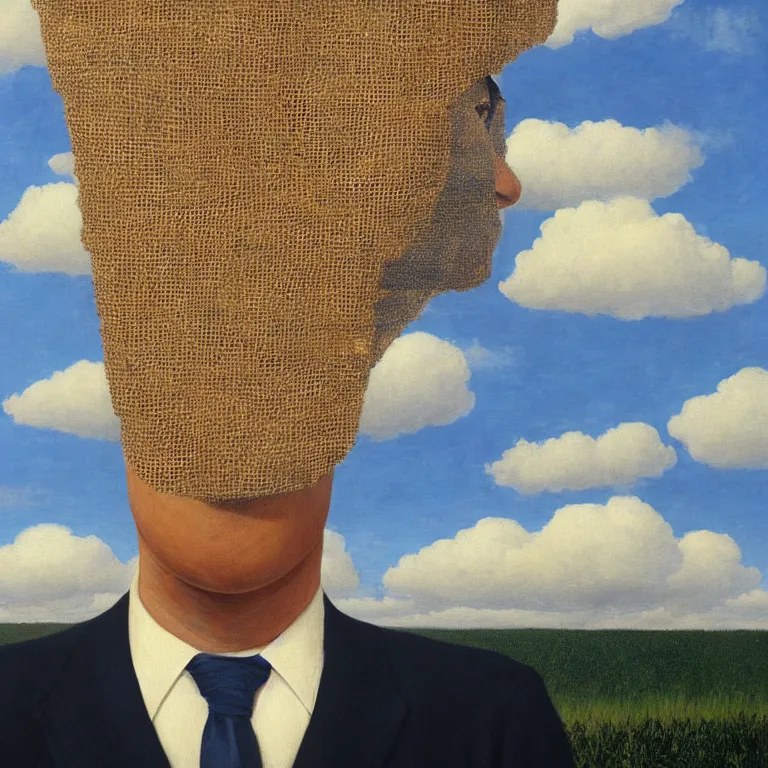 Image similar to portrait of a burlap sack - head man in a suit, clouds in the background, by rene magritte, detailed painting, distance, centered, hd, hq, high resolution, high detail, 4 k, 8 k