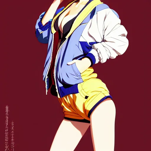 Image similar to a beautiful japanese natalie portman gravure model, wearing oversized native designer bomber jacket and leotard with overalls, bulky poofy bomber jacket with mesoamerican patterns, mesoamerican native street fashion, gapmoe yandere grimdark, trending on pixiv fanbox, painted by greg rutkowski makoto shinkai takashi takeuchi studio ghibli, akihiko yoshida