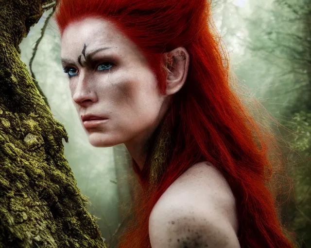 Image similar to 5 5 mm portrait photo of an armored redhead woman warrior, and horns growing from her head, in a magical forest. by luis royo. highly detailed 8 k. intricate. lifelike. soft light. nikon d 8 5 0. cinematic post - processing