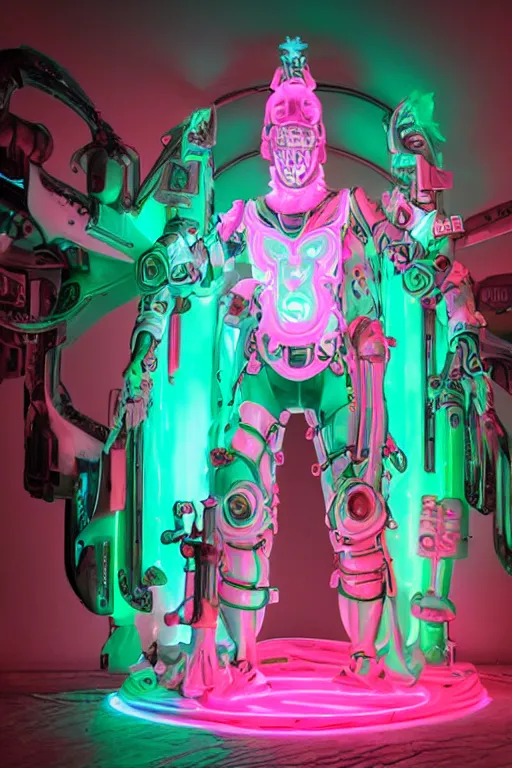 Image similar to fantasy medeival and cyberpunk style white neon statue of a muscular attractive tan male macho dotado android reclining sim roupa con piroca dura, glowing pink face, white baseball cap, green steampunk lasers, emeralds, swirling white silk fabric. futuristic elements. prismatic liquid rainbow light, full-length view. space robots. human skulls. throne made of bones, intricate artwork by caravaggio. Trending on artstation, octane render, cinematic lighting from the right, hyper realism, octane render, 8k, depth of field, 3D