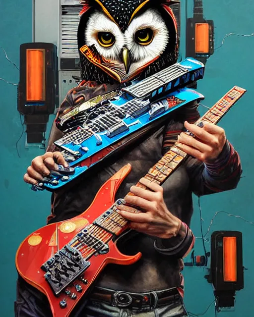 Prompt: a portrait of an anthropomorphic cyberpunk owl shredding an electric guitar by sandra chevrier, by jon foster, detailed render, tape deck, epic composition, cybernetics, 4 k realistic, cryengine, realistic shaded lighting, sharp focus, masterpiece, by enki bilal