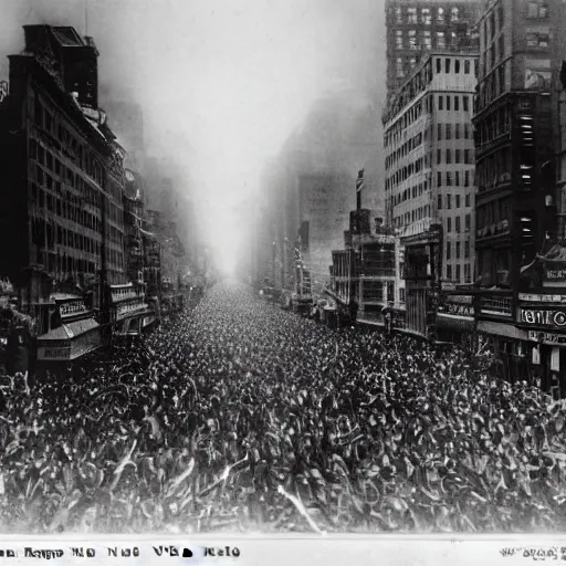 Image similar to old black and white photo, 1 9 1 3, depicting a kaiju rampaging through the bustling streets of new york city, historical record