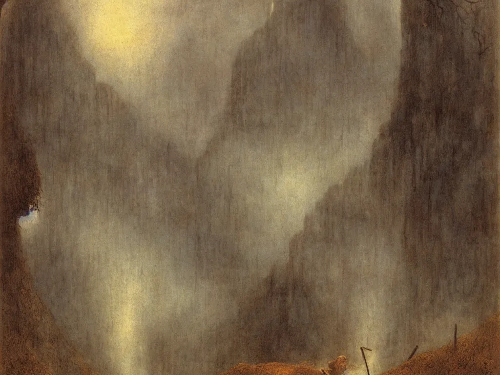 Image similar to Giant Balinese sculpted god in a ravine, fog, melancholy, noise, surreal canopy, Harsh, golden light, thunderstorm. Painting by Alfred Kubin, Caspar David Friedrich