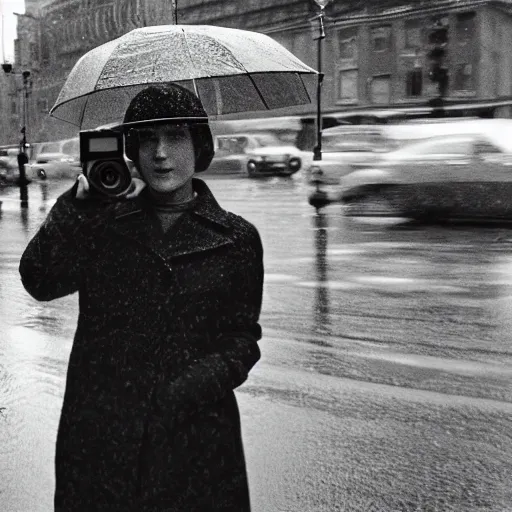 Prompt: selfie with iphone by vivian maier,, pouring rain menacing lights shadows, 8 k, hd, high resolution, 3 5 mm, f / 3 2, ultra realistic faces, ex machina