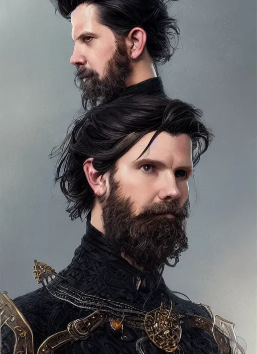 Image similar to portrait of Gavin Mcinnes, medium black hair, Nordic crown, black suit, fantasy, intricate, elegant, realistic, highly detailed, digital painting, artstation, concept art, smooth, sharp focus, illustration, art by artgerm and greg rutkowski and alphonse mucha