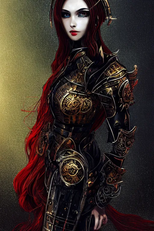 Image similar to portrait knights of Zodiac girl+smoky eyes, metalic black and red mirror reflected armor, in ruined Agora of Athens, black magic night, ssci-fi, fantasy, intricate, very very beautiful, elegant, golden light, highly detailed, digital painting, artstation, concept art, smooth, sharp focus, illustration, art by tian zi and WLOP and alphonse mucha