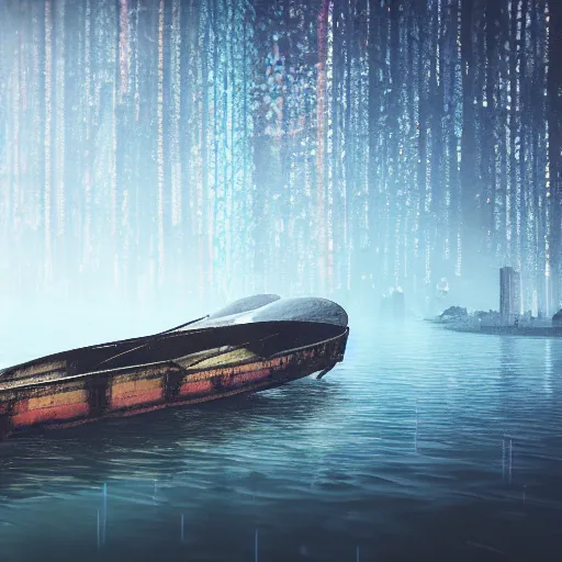 Image similar to a boat wandering in the river, asia, cyberpunk, japan, land, rain, dark, lostus flowers, octance render, artstaion, 8 k, fantasy