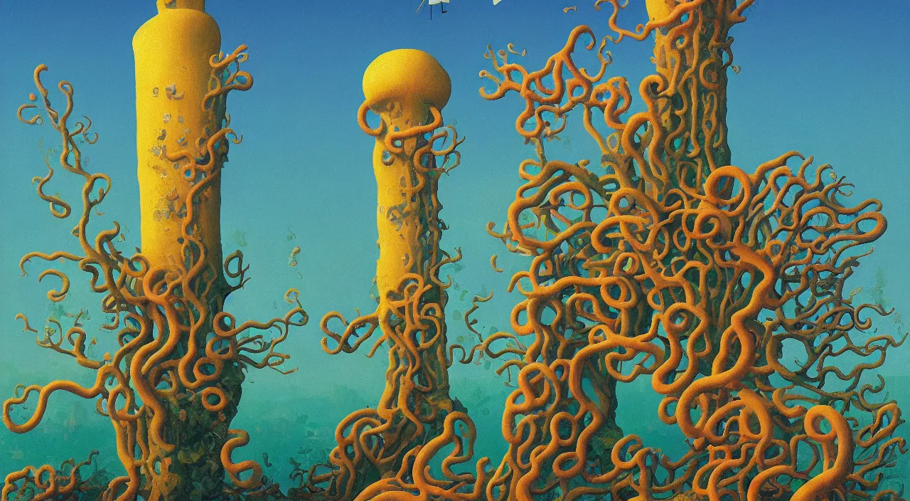 Image similar to single flooded coral tentacle tree tower, very coherent and colorful high contrast!! masterpiece by rene magritte simon stalenhag carl spitzweg syd mead norman rockwell edward hopper james gilleard, minimalist, dark shadows, sunny day, hard lighting