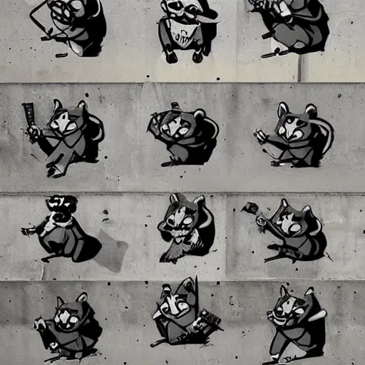 Prompt: a gang of raccoons destroying the city in the style of banksy, trending on ArtStation