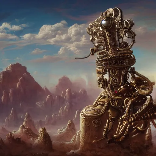 Image similar to epic view of an ancient Desert surrounded by clouds, Portrait of a Giant imposing biomechanical Genie covered in jewels, ornate, Beautiful biomechanical Genie, full of strange statues and murals, full of smoke and dust, hyper real, Indiana Jones, Tomb Raider, trending on artstation, concept art, cinematic, jewels, by Greg Rutkowski