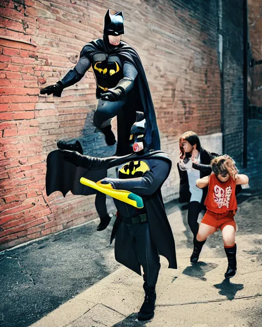 Image similar to happy batman firing super soaker water gun at playful criminals in an alleyway, everyone having fun, product advertisement, photography