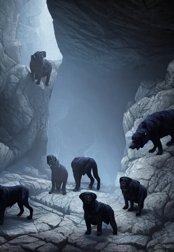 Prompt: a pack of large angry demonic evil monstrous dark black mastiffs made of shadows while exploring a claustrophobic dark blue canyon of stone, oil painting, greg rutkowski, unreal engine, octane render, cinematic lighting, highly detailed