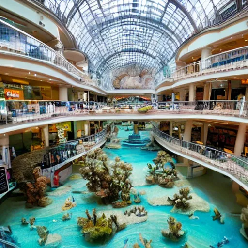 Prompt: photo of inside a shopping mall the inside is flooded with over 7 meters of water clear beautiful water, highly detailed.