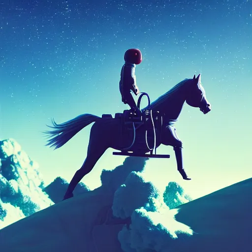 Image similar to photography of anthropomorphic horse men riding on top of an astronaut horse back. from western by hiroyuki okiura and katsuhiro otomo and alejandro hodorovski style with many details by mike winkelmann and vincent di fate in sci - fi style. volumetric natural light photo on dsmc 3 system,